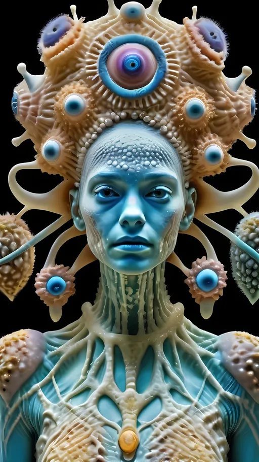 Prompt: Extremely hyperrealistic ultra textural trippy surreal beautiful but odd unsettling psychedelic creature- a psychedelic diatomaceous creature entity queen crown jewelry cape with lots of crazy psychedelic human compound eyes, rows upon rows of human teeth.  head, face, body, limbs, fungus, Mandelbrot, oil slick rainbow sheen effect, holographic, hologram, translucent, vivid colors white, tons and tons of light, bright pastel colors, Gyroid Structures. Diatoms: bacillariophyta, siliceous, valves, girdle bands, raphe, striae, puncta, areolae, costae, rimoportula, fultoportula, chloroplasts, auxospore, epitheca, hypotheca, mucilage, frustule symmetry, valve morphology, pennate diatoms, centric diatoms, motile, non-motile, biofilm, epiphytic, epilithic, epipsammic, biogenic silica, diatomaceous earth, primary producers, carbon fixation, biogeochemical cycles, diatom blooms, paleoecology, nanostructures, microalgae, environmental indicators, aquatic ecosystems. geometric, symmetrical, radial, bilateral, elongated, circular, triangular, oval, star-shaped, pennate, centric, intricate, lattice-like, perforated, silica, frustules, ornate, microscopic, diverse, varied, delicate, transparent, golden-brown, pillbox-shaped, chain-forming, solitary, colonial, planktonic, benthic,