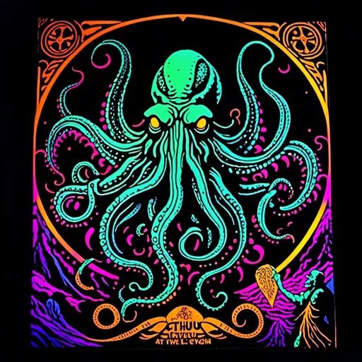 Prompt: <mymodel>Vintage 70s black light poster of Cthulhu in photorealism, Cthulhu at R'lyeh, tribal primal style, realistic tentacles, Lovecraftian horror, eerie atmosphere, intricate details, photorealistic cosmic background, high quality, detailed texture, black light art, vintage, 70s, Cthulhu, R'lyeh, tribal, primal, photorealism, Lovecraftian, eerie atmosphere, detailed, cosmic, realistic, eldritch, noneuclidean geometry, idol