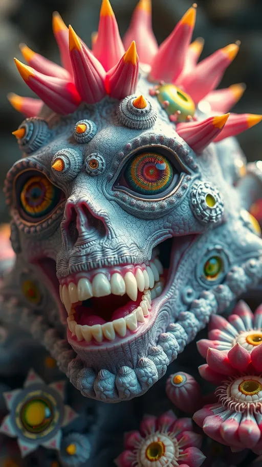 Prompt: an extremely hyper realistic ultra super textural weird trippy surreal psychedelic entity, silver, pyrite, quartz,, flourite, apatite, bright vivid pinks, greens, yellows,blues,  lots and lots of light, lots of crazy colorful compound psychedelic human eyes, rows of human teeth, human lips, tongues, lithops, succulent, quantum strings, algae, bryozoans,  Bose-Einstein Condensate, extreme high definition organic and mineral textures