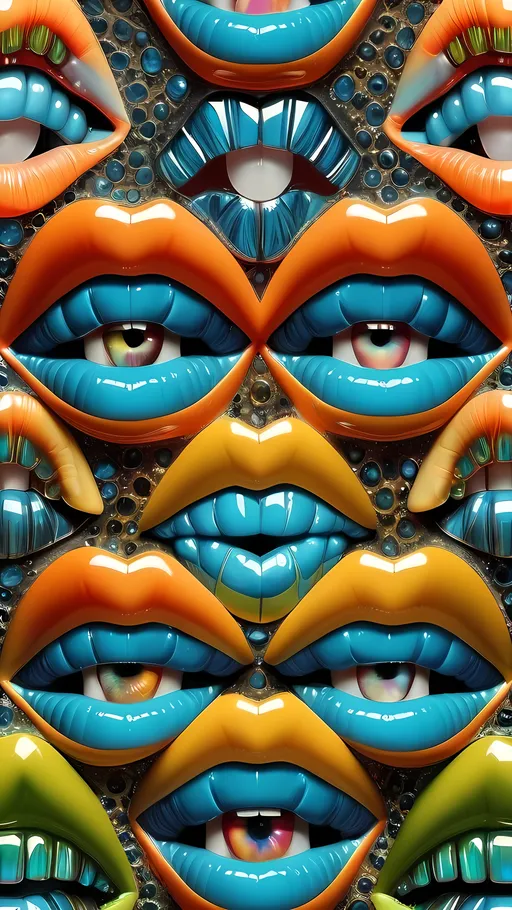 Prompt: Create an extremely hyper-realistic, ultra super textural, weird, trippy, surreal, psychedelic pattern/design based on crystal tiling, with lots of human eyes (crazy colorful compound psychedelic), rows of human teeth, human lips, and tongues. Include mineral crystal accents.

- **Colors**: determined by the properties and expressions of the elements, minerals, and metals: phosphorus, peridot, citrine, tourmaline, pyrite, silver.

**Shapes and forms**
-crystalline (acicular)

- **Textures**: Derived from any/all organic elements, minerals, metals, crystals, organic things mentioned in this prompt.

**Composition and Layout**:
- Spherical layout/composition
- crystal tiling
- hyperbolic forms and structures
-zoomed out creating a surreal pattern/design using arabesque tiling

**Lighting**:
- Lots of bright light

**Detail and Atmosphere**:
- Extreme hyperrealistic sharp high detail high definition organic and mineral textures
- Psychedelic, weird, odd, surreal atmosphere
- Frozen in time

**Additional Elements**:
- Diatoms, extra rows of teeth, lips, many eyes,fungus

Capture this scene using Canon EF 70-200mm t/2.8L IS III USM film