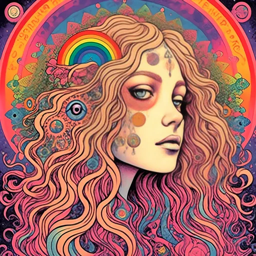 Prompt: <mymodel>Psychedelic illustration of a girl with long blond curly hair, third eye with rainbow aura, chakras, crystals, sacred geometry, fractals, detailed and vibrant, highres, psychedelic, mystical, colorful, detailed hair, open third eye, vibrant colors, sacred symbols, detailed crystals, surreal lighting