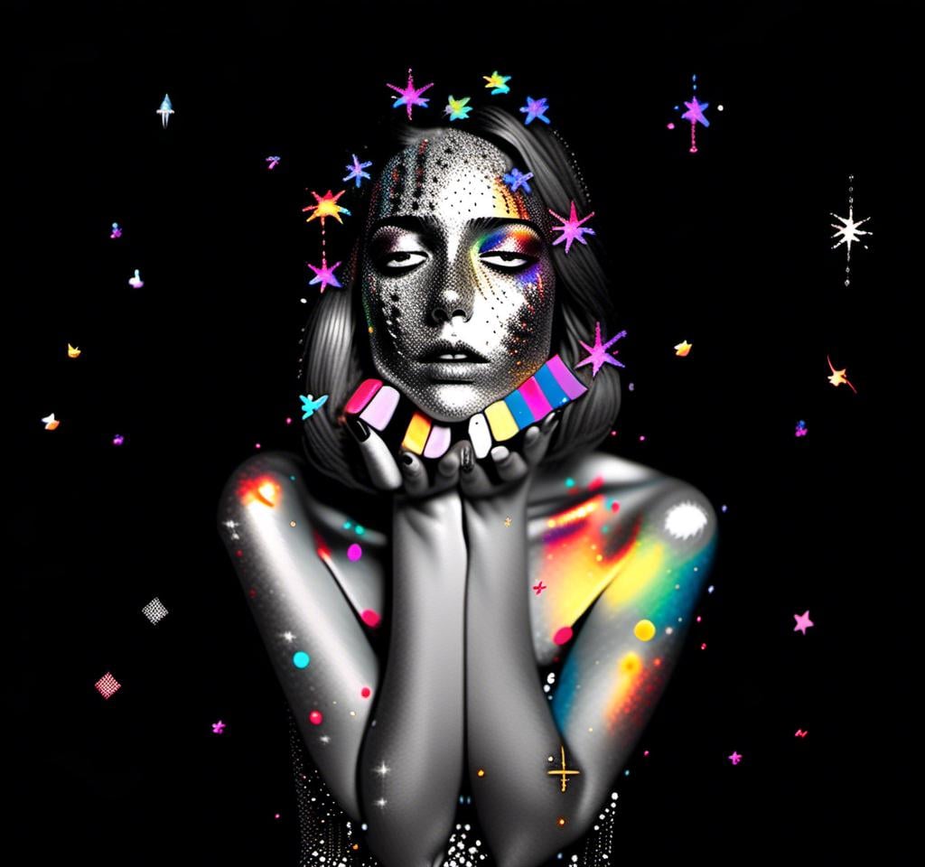 Prompt: a photograph (black and white or halftone) of a woman with multimedia colorful galaxies and stars in her wide eyes who is vomiting pure rainbows and stardust sparkles. She wretches as a beautiful spectrum of colorful light and sparklies made of paint, enamel, glitter, foils, pearl dust, rhinestones, metal, beads, marker, etc spills from her open mouth with force lighting up the room<mymodel>