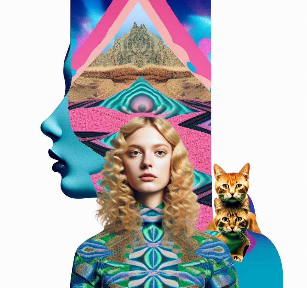 Prompt: A psychedelic collage featuring a photograph of a woman with blond curly long hair. The photo is cut and spliced with other photos - of cats, eyes, body parts, roads, landscapes, trippy optical illusion patterns, pickles, hamburgers, realistic  desert, alien  landscapes, geometric shapes etc in such a way that she has a psychedelic open third eye, in a psychedelic cut and paste collage <mymodel>