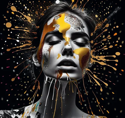 Prompt: <mymodel>Multimedia collage of a woman, black and white photo, dripping real multimedia paint, glitter paint, colored paint, gold, silver, copper, glitter droplets, splashes of color, shine, mixed media, high texture, abstract, art nouveau, dynamic lighting, mixed colors, highres, vibrant, artistic, detailed paint splatters