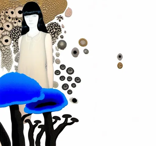 Prompt: a mixed media collage of a girl wearing or growing mushrooms/fungus as clothing body parts and accessories. She is a black and white or halftone photograph, the mushrooms and fungal growths are to be mixed media, including but not limited to paint, enamel, foils, glitter, sparkle, sequins, found objects, natural items, rhinestones etc <mymodel>