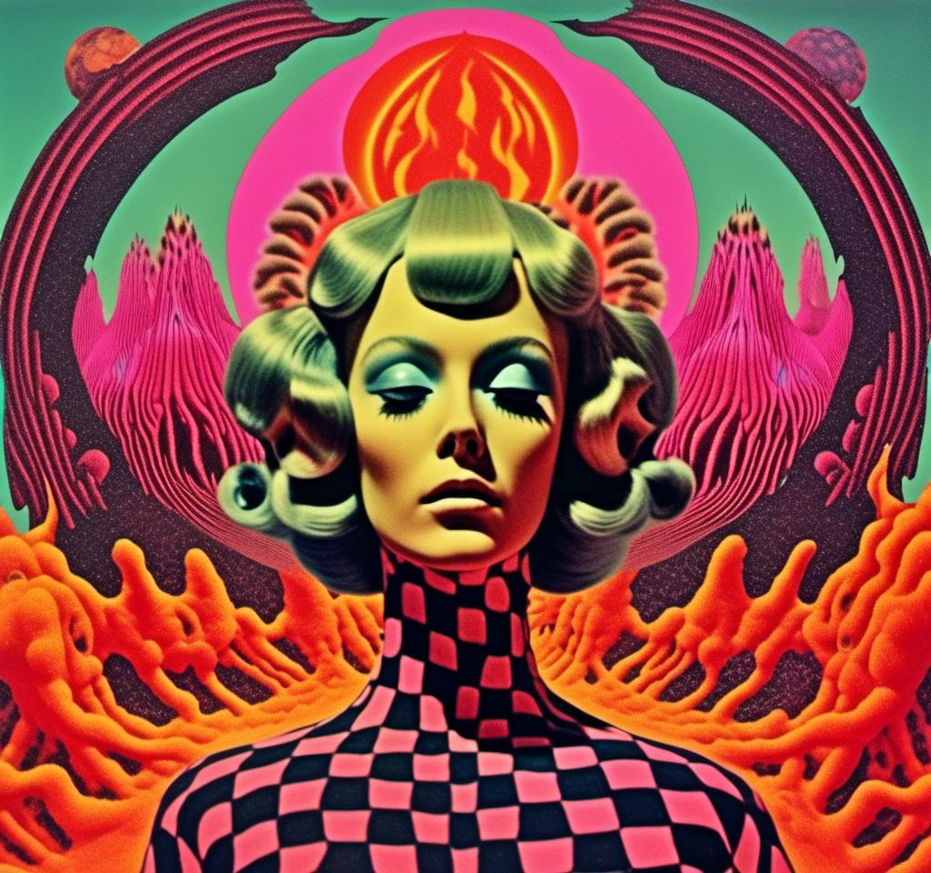 Prompt: a vintage surreal 70s psychedelic collage with the theme of hell, the fires of hell, the devil, and a succubus clothed in smoke fire and latex dancing. Utilize photography and art, trippy psychedelic patterns/optical illusions, orbs, flames, surreal hellish landscapes and geometry with a vintage 70s art house science fiction feel to this cut and paste surreal trippy collage <mymodel> 