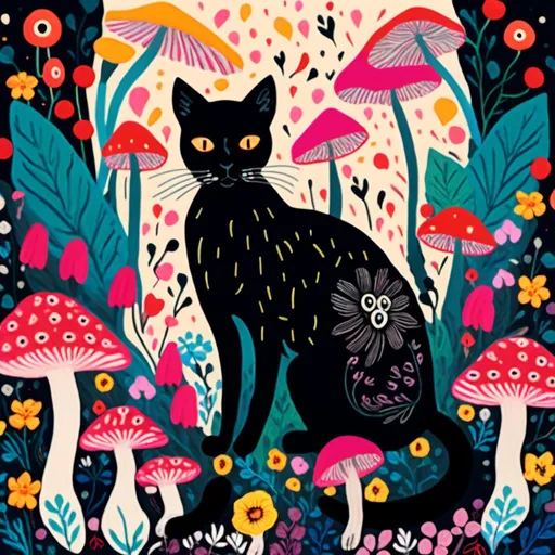 Prompt: <mymodel>Black cat surrounded by mushrooms and flowers, mixed media, detailed fur with intricate patterns, vibrant and surreal, high quality, mixed media, whimsical, vibrant colors, atmospheric lighting, detailed eyes, professional, surreal, detailed mushrooms and flowers, artistic, highres