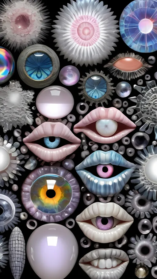 Prompt: Create an extremely hyper-realistic, ultra super textural, weird, trippy, surreal, psychedelic eyes/teeth/mouth pattern/design based on Mandelbrot & “Op Art tiling” with lots of human eyes (crazy colorful compound psychedelic), rows of human teeth, human lips, and tongues. 

- **Colors**: determined by the properties and expressions of the elements (& their isotopes), minerals, and metals: opal, moonstone, Kunzite, selenite, rose quartz, Platinum (Pt)

**Shapes and forms**
- Mandelbrot 
- "Op Art tiling" 
-other shapes determined by the natural properties and expressions of the elements (& their isotopes), minerals, metals, and biological organisms: opal, moonstone, Kunzite, selenite, rose quartz,  Platinum (Pt)


- **Textures**: Derived from any/all elements (& their isotopes), minerals, metals, crystals, organic things mentioned in this prompt: opal, moonstone, Kunzite, selenite, rose quartz, Platinum (Pt)

**Composition and Layout**:
- a pattern/design based on the Op Art tiling & Mandelbrot 

**Lighting**:
- lots of bright light
- Iridescence
- Aventurescence
- Chatoyancy
- Asterism

**Detail and Atmosphere**:
- Extreme hyperrealistic sharp high detail high definition organic and mineral textures
- Psychedelic, weird, odd, surreal atmosphere
- Frozen in time

**Additional Elements**:
- extra rows of teeth, lips, many eyes, Op Art tiling, Mandelbrot, Iridescence
