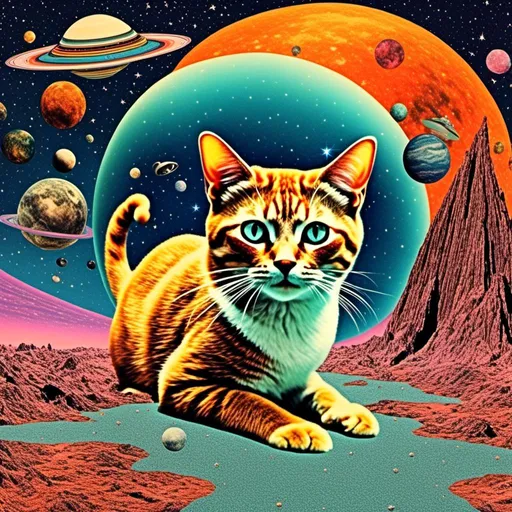 Prompt: a psychedelic collage with a vintage 70s sci-fi animation feel to it except the subject matter will be CATS IN SPACE! The collage will have elements of photography, illustration, trippy patterns and optical illusions, alien landscapes, strange trippy planets, UFOs,, meteors, all cut and spliced together in a psychedelic collage style <mymodel>