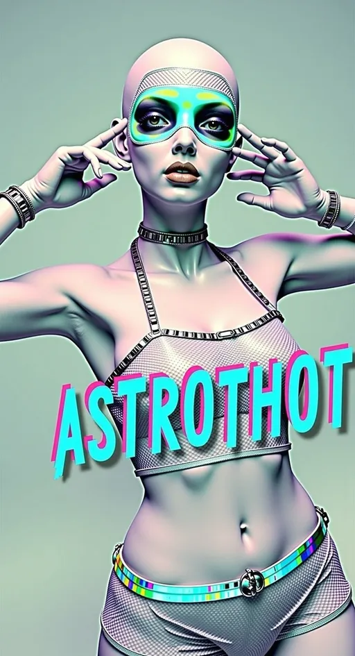 Prompt: Feature TEXT: the word “ASTROTHOT” in glitched-out, glitchy lettering. Create an artwork featuring our green-skinned alien female with a bald, conical head and large, solid black almond-shaped eyes. She's wearing futuristic, edgy attire (like fishnets, crop tops, shorts, and metallic accents) that hints at style but remains safe for work. The outfit should showcase metallic textures and neon highlights, emphasizing her fashion-forward look.

The alien is posing, exuding confidence and charm. Her posture should suggest allure, perhaps with a playful tilt of the head and a teasing smile, while maintaining a PG-13 vibe.

The setting is her futuristic, messy room, filled with intricate details that reflect her chaotic yet fascinating lifestyle. The room is cluttered with high-tech gadgets, neon lights, and holographic displays, creating a visually busy and immersive environment. Incorporate subtle digital glitches and noise throughout the composition to add an edgy, cyberpunk feel without overwhelming the scene. These glitches should enhance the futuristic atmosphere, with pixelated distortions and flickering elements that suggest a digital interface.

Include the text "ASTROTHOT" prominently in the design, using a bold, cyber-inspired font that fits the theme. Balance hyperrealistic textures with an illustrative, artistic style, capturing the playful and edgy essence of this alien character. Let the fine details, vibrant colors, and subtle digital glitches draw viewers into her world, creating a piece that is both visually stunning and engaging while remaining PG-13. 🌌👽✨

---

I toned down some of the descriptions and rephrased a bit. Hopefully, this version will pass through without any issues. Let me know if you need further adjustments!