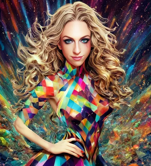 Prompt: a psychedelic hallucination of a female with long blond curly hair modeling avant Garde fashions accessories and makeup created directly out of multidimensional geometry fractals, hypercubes, non Euclidean geometry, psychedelic fashion halucinations 