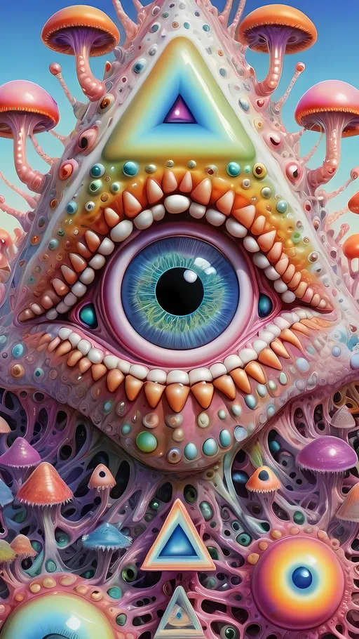 Prompt: an extremely hyper realistic ultra super textural weird trippy surreal psychedelic entity, gyroid structures, Pascal's Triangle, white, translucent, clear, bright bright pastel colors, oil slick rainbow sheen effect, lots and lots of light, lots of crazy colorful compound psychedelic human eyes, rows of human teeth, fungus, atoms, diatoms, gyroid structures, Pascal's Triangle