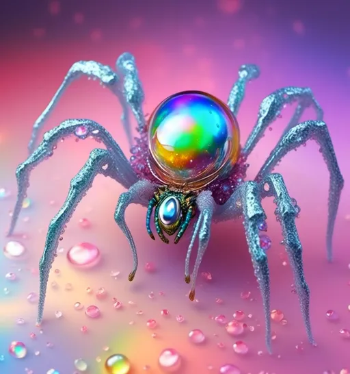 Prompt: <mymodel>extremely hyperrealistic extremely high textural beautiful female sentient spider entity, arachnid woman,8 eyes, humanoid, human woman with spider features, lots of light, extreme organic textures, white, translucent, bright pastel colors, oil slick rainbow sheen effect, silver, chrome, crystals, 
Arachnid, cephalothorax, abdomen, pedipalps, chelicerae, fangs, spinnerets, silk glands, book lungs, tracheae, 