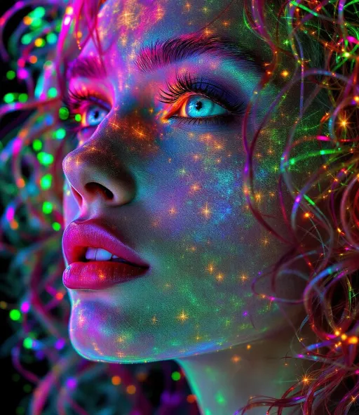 Prompt: Her face is a modular masterpiece—cheekbones traced with the shimmer of moonshine symmetry, every angle tuned to a hidden harmonic. Newton fractal veins glow faintly beneath translucent skin, shifting in color with each emotion. Her eyes burn with prime number fire, irises tiled in Penrose symmetry, blinking with curved light logic. Laughter echoes in Hilbert paths across her cheeks—space-filling joy spirals, soft and bright. Hair spills around her in radiant pink curls, styled by quasiperiodic forces and recursive wave equations—each strand flowing in luminous fractal tension. Geometry pulses at the hairline, recursive symbols glinting in neon mathdust. She is wrapped in hyperbolic aura-rings, layered in color-feedback like living topology, her presence refracting sacred math through joy, emotion, and colorfields.”

⸻

Visual Keywords:
Modular face symmetry, Newton glow skin, Penrose-tiled irises, Hilbert smile trails, pink recursive curls, fractal symbol halo, hyperbolic color aura, neon mathdust, prime fire eyes