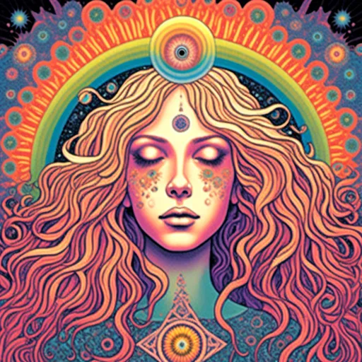 Prompt: <mymodel>Psychedelic illustration of a girl with long blond curly hair, third eye with rainbow aura, chakras, crystals, sacred geometry, fractals, detailed and vibrant, highres, psychedelic, mystical, colorful, detailed hair, open third eye, vibrant colors, sacred symbols, detailed crystals, surreal lighting