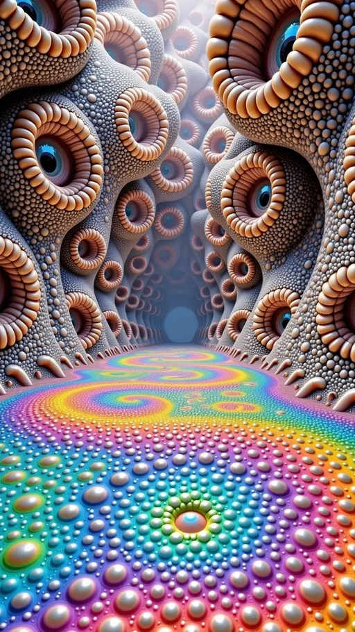 Prompt: Hyper-maximalist holographic 3D environment built from infinite hyperbolic geometry. The scene has a glowing iridescent floor of recursive tessellations, rippling with rainbow interference like liquid stained glass. Walls rise upward in curved arcs of hyperbolic tiling, bending away into infinite perspective, each surface refracting neon gradients of molten pinks, cosmic teals, radiant purples, and shimmering golds. The space folds in on itself like a higher-dimensional cathedral, corridors twisting into vanishing points that loop back in impossible symmetry. Every edge glows with crystalline prismatic light, soap-bubble films stretched across mathematical surfaces, shimmering with saturated rainbow holography. Medium: maximalist psychedelic math architecture, hyperbolic op-art holography. Lighting: luminous carnival-neon refractions, iridescent glow, infinitely recursive depth.