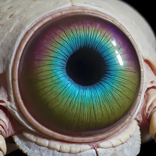 Prompt: Extremely hyperrealistic oil slick rainbow sheen, surreal weird trippy ultra textural psychedelic hallucination entity creature, biological, mechanical, lots of super trippy weird psychedelic eyes, human teeth, exposed brain, nerves, glass, leather, metallic, opal, light translucent white bright pastels, head, thorax, abdomen, antennae, compound eyes, ocelli, mandibles, maxillae, labium, labrum, hypopharynx, clypeus, frons, vertex, gena, occiput, pronotum, mesonotum, metanotum, prothorax, mesothorax, metathorax, legs, coxa, trochanter, femur, tibia, tarsus, pretarsus, wings, forewings, hindwings, halteres, spiracles, tracheae, tympanum, cerci, ovipositor, aedeagus, exoskeleton, moth, scales, leather, skin