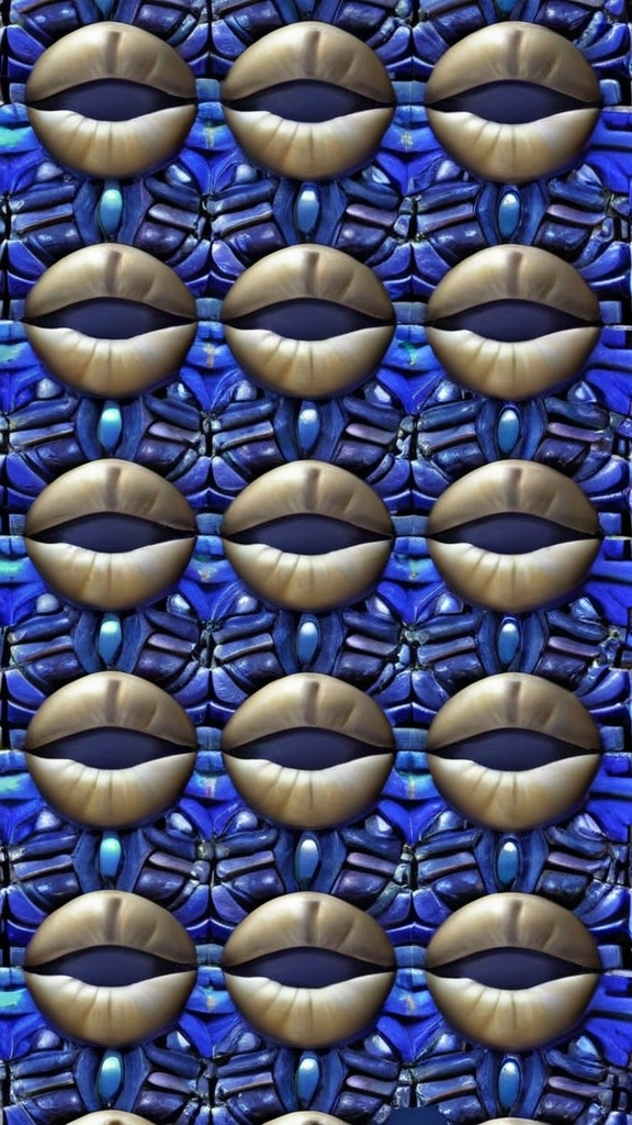 Prompt: Create an extremely hyper-realistic, ultra super textural, weird, trippy, surreal, psychedelic eyes/teeth/mouth pattern/design based on “Hemitrichia serpula” & “op art tiling” with lots of human eyes (crazy colorful compound psychedelic), rows of human teeth, human lips, and tongues. 

- **Colors**: determined by the natural properties and expressions of the elements (& their isotopes), raw rough minerals, and metals: Nickel (Ni), Tanzanite, Feldspar, Pectolite, Lazurite,  Indicolite, “Hemitrichia serpula”

**Shapes and forms**
- “Hemitrichia serpula”
-other shapes determined by the natural properties and expressions of the elements (& their isotopes), raw rough minerals, metals, and biological organisms: diatoms, Nickel (Ni), Tanzanite, Feldspar, Pectolite, Lazurite, Indicolite

- **Textures**: Derived from any/all elements (& their isotopes), minerals, metals, crystals, organic things mentioned in this prompt: “Hemitrichia serpula” Nickel (Ni), Tanzanite, Feldspar, Pectolite, Lazurite, Indicolite

**Composition and Layout**:
- a pattern/design based on the “Hemitrichia serpula”

**Lighting**
- lots and lots of bright shining reflective light


**Detail and Atmosphere**:
- Extreme hyperrealistic sharp high detail high definition organic and mineral textures
- Psychedelic, weird, odd, surreal atmosphere
- Frozen in time

**Additional Elements**:
- extra rows of teeth, lips, many eyes, “Hemitrichia serpula”, Aventurescence, Chatoyancy
