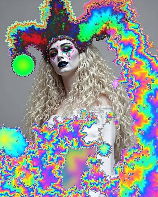 Prompt: A super hyperrealistic yet also illustrative and creative female cosmic jester, made entirely of swirling pure colored light, with long wild curly hair that appears blond but is a dazzling spectrum of hues. She is adorned in beautiful avant-garde "astral" jester's attire, complete with intricate harlequin clown makeup and a HUGELY OVERSTATED jester's hat that twists and bends into impossible, otherworldly shapes. Her hat sparkles with iridescent gems and glowing cosmic patterns, radiating a surreal, trippy energy. Her ensemble includes exquisite, shimmering accoutrements like glowing ribbons of stardust, cascading light veils, and crystalline bells that chime with the sound of distant galaxies. She sparkles, shines, and dazzles in a mesmerizing swirl of ever-changing colors, embodying the essence of cosmic whimsy and wonder. She stands on a floating, kaleidoscopic fractal platform that endlessly morphs and twists through the void of the astral realms. Behind her, a shimmering nebula of liquid rainbow light swirls and pulses, while shimmering comets streak across the scene. The cosmic jester juggles glowing orbs of quantum energy, each orb containing miniature universes that spin and glimmer with infinite possibilities. Her laughter echoes like a symphony of stars, and her every movement leaves trails of dazzling light that ripple like water across the fabric of space-time. The entire scene is awash with iridescent fractal spirals, the platform morphing with Mandelbrot set fractals, while liquid rainbow nebulae and glowing stardust create an atmosphere of pure astral magic.