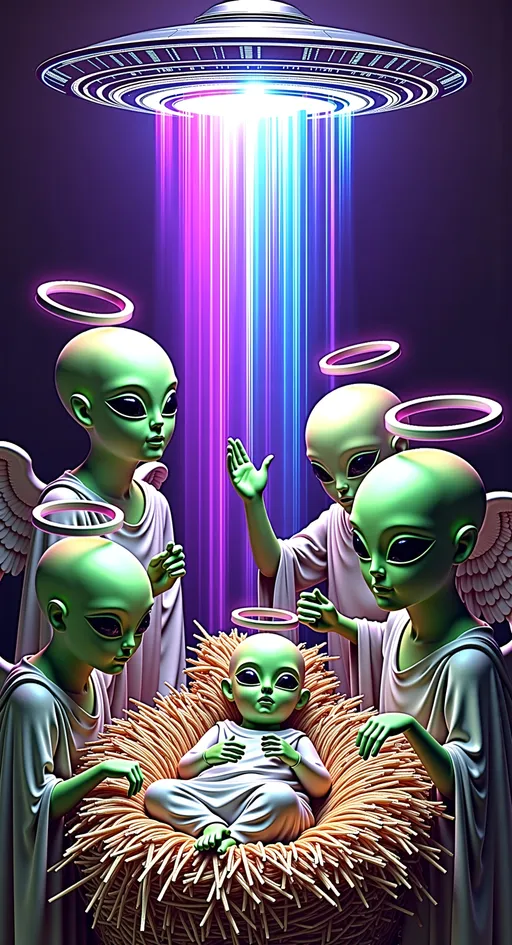 Prompt: Create an artwork that reimagines a classic Renaissance nativity scene with a futuristic twist. At the center, depict a happy, chubby, smiling green alien baby with a bald conical-shaped head and large, solid black almond-shaped eyes.the baby lays in a manger lined with hay. This alien baby is swaddled in futuristic holographic cloth, with a halo made of advanced alien technology. Surrounding the baby are angelic figures, also green-skinned aliens with conical bald heads and large black almond eyes, each adorned with their own alien tech halos. The scene is illuminated by a large holographic and silver UFO hovering above, casting beams of colorful light that illuminate the setting. Blend traditional Renaissance and Baroque elements with futuristic, glitchy aesthetics to create a unique and otherworldly atmosphere.

---

Feel free to tweak it as needed!