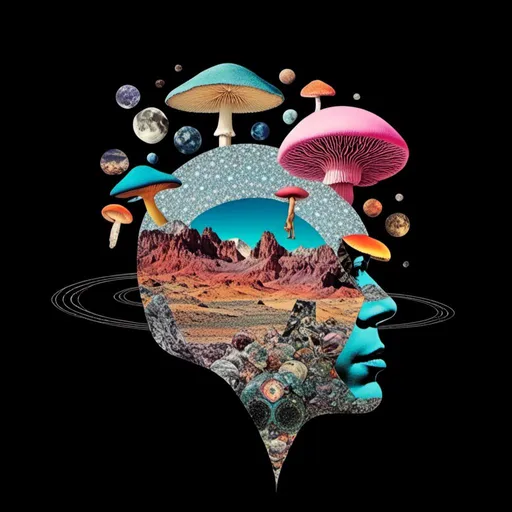 Prompt: <mymodel>surreal Psychedelic collage of spliced photographs, mushrooms, eyes, crystals, alien landscapes, desert landscapes, mountain landscapes, space, planets, orbs, psychedelic patterns, geometric shapes, optical illusions, highres, ultra-detailed, surreal, psychedelic, vibrant colors, cosmic, intricate details, surrealistic, dreamy lighting