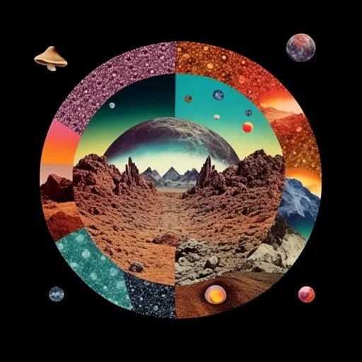 Prompt: <mymodel>surreal Psychedelic collage of spliced photographs, mushrooms, crystals, alien landscapes, desert landscapes, mountain landscapes, space, planets, orbs, psychedelic patterns, geometric shapes, optical illusions, highres, ultra-detailed, surreal, psychedelic, vibrant colors, cosmic, intricate details, surrealistic, dreamy lighting