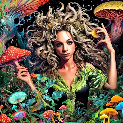 Prompt: A psychedelic trippy bright colorful vivid black light poster illustration of a girl with longish blond curly hair, with psychedelic magic mushrooms, trippy hallucinations, optical illusions and patterns, crystals, moss, forest, moon, geometry fractals