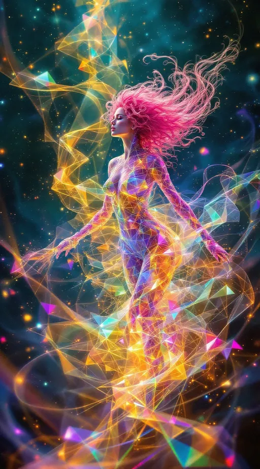 Prompt: In the astral geometry realm—where space folds and breathes through sacred systems—two beings move as living expressions of math itself. The field around them is made from Tessellotic Pulse Modulation—a vast, glowing lattice of shifting light-tiles—and Harmonic Fold Convergence, where translucent dimensional membranes curve inward in sacred rhythm. Through these foldings, bursts of Fractal Vector Bloom arc and weave like glowing calligraphy. And through all of it walk two waveform entities—not separate from the math, but built from it.

The first—a white woman, 5’4”, slim, wild neon-pink curly hair—is made entirely of shimmering, refractive facets (APS). Her body forms from ever-shifting anisohedral planes, no two alike, constantly adjusting their angles to refract new bursts of rainbow light. Her hair is made of vector filaments, spiraling in Lissajous curves, trailing glowing signatures through folded space. With each movement, she distorts the TPM lattice beneath her—causing radiant pulse-tiles to ripple outward. Her breath folds space into harmonic membranes (HFC); her laugh sends FVB threads spiraling into fresh geometry. She is radiant entropy—the HaHahedron walking.

Near her moves a tall man, 6’1”, lean muscular, short blondish hair, brilliant blue eyes—his form forged from dense nested toroids, symmetrical golden arcs, and prismatic dark crystal facets. His body emits stabilizing pulse patterns, drawing the surrounding fold-fields into coherence. His geometry is slower, more precise—deep sapphire recursion threaded with soft white harmonic light. He does not follow—he synchronizes. He orbits her bloom like an attractor—anchoring the waveform without stilling it.

They don’t walk the realm. They are the astral math expressing itself as movement, color, and convergence.