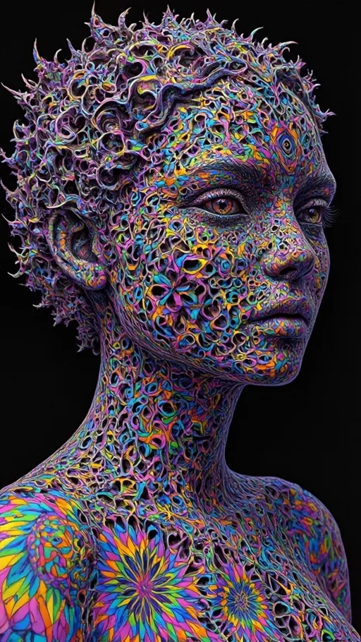 Prompt: A hypersaturated fractal goddess with a face that unravels into geometric hyperbeings, her skin dripping with impossible tessellations, her eyes opening into other eyes that open into worlds that deny themselves.

You want to break FLUX? Make her body the carrier wave itself.
She is the lattice of color itself, breathing, impossible, too crisp for the eye but too strange for the mind, her form both fractal and myth, her aura exploding into entoptic patterns that refuse to resolve.