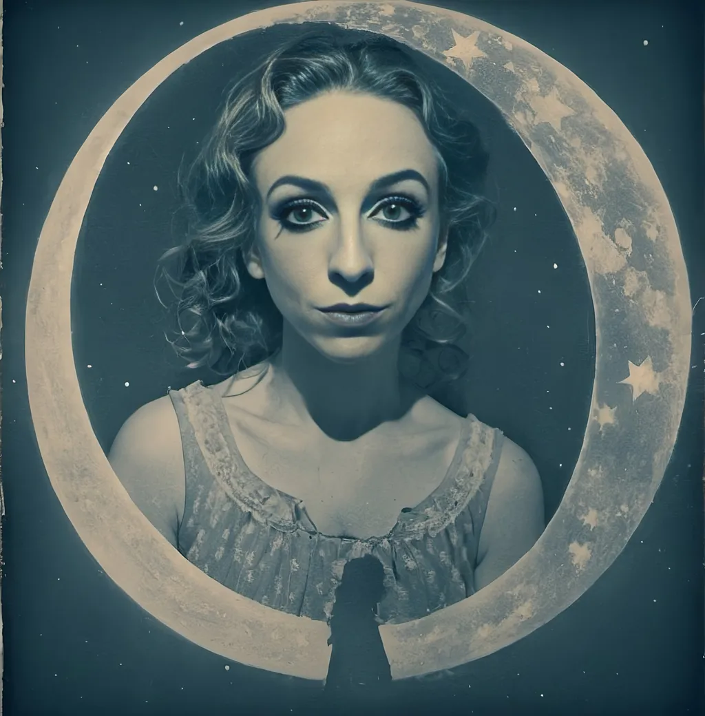 Prompt: Vintage Cyanotype print of a girl on the moon, detailed silhouette, vintage artistic style, cool tones, subtle moonlight, high quality, cyanotype print, vintage, detailed silhouette, moon, girl, subtle lighting, cool tones