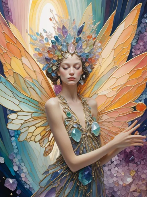 Prompt: <mymodel>Fairies crafted from gemstones, sparkling and ethereal, magical aura, high quality, detailed, fantasy, jewel-like textures, radiant glow, surreal, enchanting, pastel tones, soft and luminous lighting, ultra-detailed, mystical beings, shimmering wings, intricate design, whimsical, dreamlike