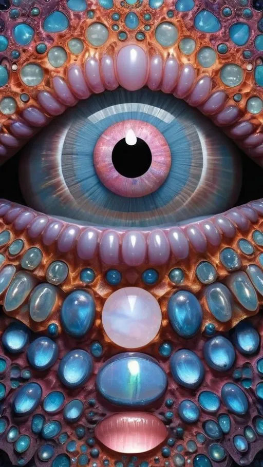 Prompt: Create an extremely hyper-realistic, ultra super textural, weird, trippy, surreal, psychedelic eyes/teeth/mouth pattern/design based on Mandelbrot & “Op Art tiling” with lots of human eyes (crazy colorful compound psychedelic), rows of human teeth, human lips, and tongues. 

- **Colors**: determined by the properties and expressions of the elements (& their isotopes), minerals, and metals: opal, moonstone, Kunzite, selenite, rose quartz, Platinum (Pt)

**Shapes and forms**
- Mandelbrot 
- "Op Art tiling" 
-other shapes determined by the natural properties and expressions of the elements (& their isotopes), minerals, metals, and biological organisms: opal, moonstone, Kunzite, selenite, rose quartz,  Platinum (Pt)


- **Textures**: Derived from any/all elements (& their isotopes), minerals, metals, crystals, organic things mentioned in this prompt: opal, moonstone, Kunzite, selenite, rose quartz, Platinum (Pt)

**Composition and Layout**:
- a pattern/design based on the Op Art tiling & Mandelbrot 

**Lighting**:
- lots of bright light
- Iridescence
- Aventurescence
- Chatoyancy
- Asterism

**Detail and Atmosphere**:
- Extreme hyperrealistic sharp high detail high definition organic and mineral textures
- Psychedelic, weird, odd, surreal atmosphere
- Frozen in time

**Additional Elements**:
- extra rows of teeth, lips, many eyes, Op Art tiling, Mandelbrot, Iridescence
