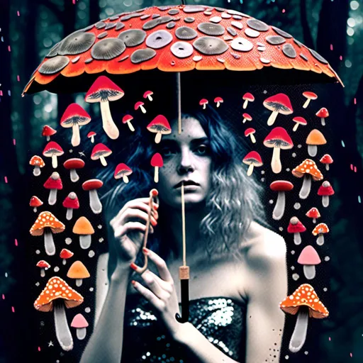 Prompt: <mymodel>Mixed media collage of a fungus fairy girl in the rain, mushroom umbrella, black and white and color photography, paint, glitter, sequins, metal, magazines, glass, unique textures, ethereal atmosphere, high quality, whimsical, surreal, fairy, mushroom umbrella, mixed media, collage, fungus girl, rain, unique textures, ethereal, surreal, magical, detailed wings, sparkling details