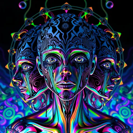 Prompt: A multifaced humanoid figure with kaleidoscopic eyes and fractal, iridescent skin, floating in a prismatic void. The body is layered with holographic drips, oil-slick textures, and liquid rainbow surfaces. Optical illusion patterns—black-and-white moiré and vibrant colored spirals—wrap around the figure, blending with glowing Mandelbrot fractals and sacred geometry. Recursive features repeat through the design: eyes within eyes, faces within faces, spiraling endlessly. The lighting glows from within the being, casting soft chromatic fog and subtle strobe shadows. Framed in a warped, kaleidoscopic close-up composition, with orbiting shards and fractal symmetry. Digital surrealism, glitchcore, sacred-tech aesthetic.