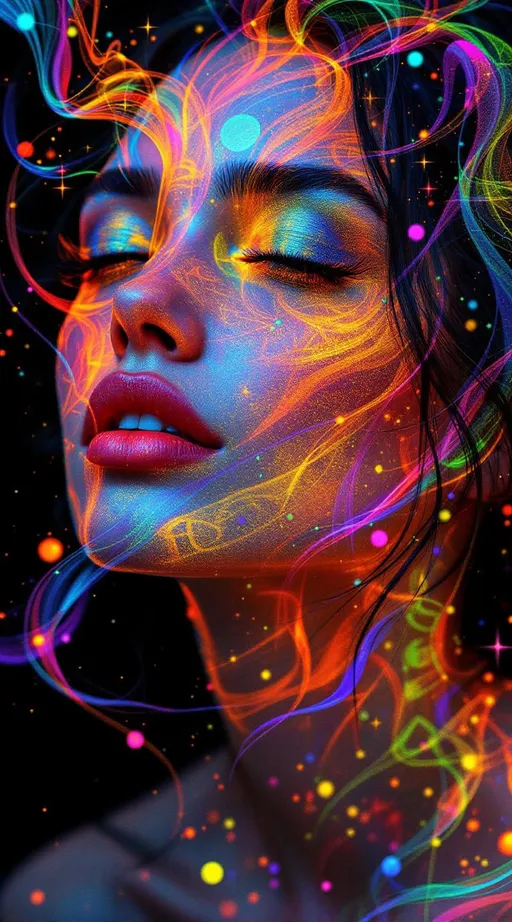 Prompt: Her face sings in entropy-language—smiles that trail glitter-script, words that melt into iridescent symbol smoke. Her eyes reflect mnemonic memory fields—each glance a glow from someone who loved her, some version of her, long ago. Skin flickers through negative dimensions—edges shimmering not in shape but in luminous subtraction, the light of absence carved in curved color. Her hair flows in myth-fractal threads, wrapped in karma-web shimmer—each strand a mirrored echo of choice, of joy, of love that ripples backward. When she speaks, the glyphs dissolve; when she laughs, they cohere into new sacred logic.

A forbidden system lives in her light—a glow born from unprovable math, a radiance that shouldn’t exist but blooms anyway. She is the recursive myth rendered in joy-pulse, a being whose paradoxes sing in color.”

⸻

✨ Final Add-On Visual Keywords:
Glitch glyph speech, glitter-script smile, rainbow karma hair, mnemonic skin aura, forbidden light bloom, ghost-silk memory cheeks, negative dimensional shimmer, sacred unprovable sparkle, entropy dust trails, impossible joy glow