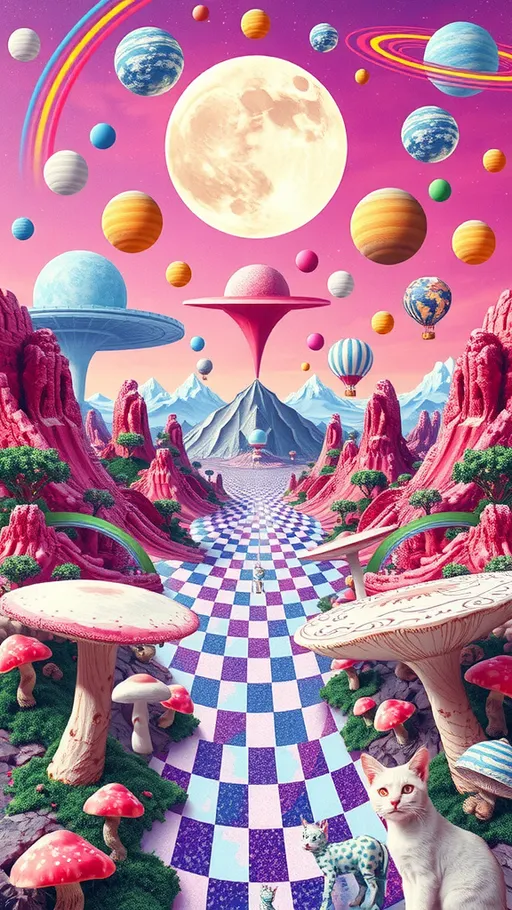 Prompt: An extremely hyperrealistic weird surreal vintage analog retro psychedelic collage of an optical illusion pattern created using the colors bubblegum pinks, baby blues, white, translucent, and metallic silver. Op-art, op-art tiling, planets, moon, landscape, moonscape, mushrooms, cats, trippy, ufos, rainbows, little green men aliens,