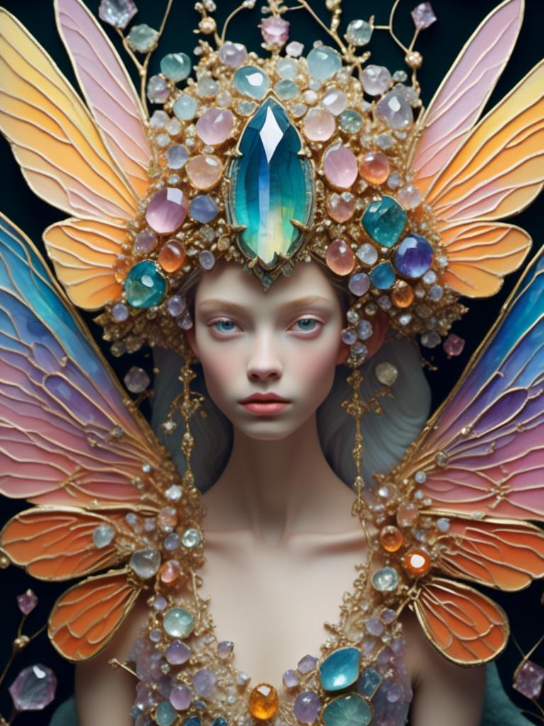 Prompt: <mymodel>Fairies crafted from gemstones, sparkling and ethereal, magical aura, high quality, detailed, fantasy, jewel-like textures, radiant glow, surreal, enchanting, pastel tones, soft and luminous lighting, ultra-detailed, mystical beings, shimmering wings, intricate design, whimsical, dreamlike