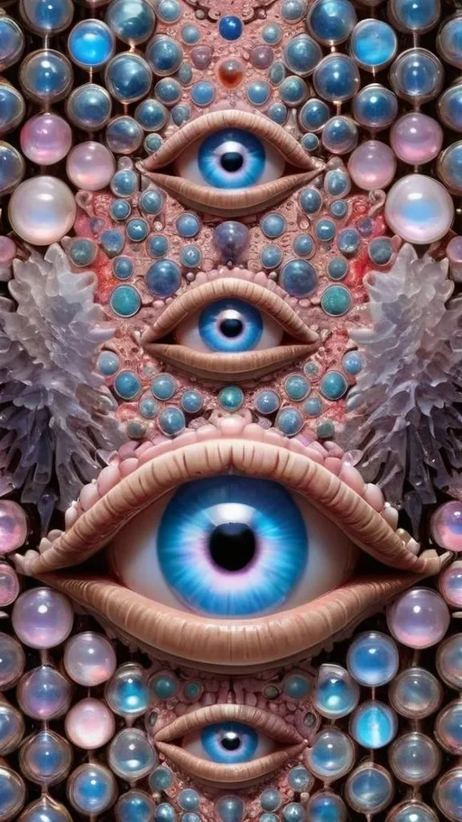 Prompt: Create an extremely hyper-realistic, ultra super textural, weird, trippy, surreal, psychedelic eyes/teeth/mouth pattern/design based on Mandelbrot & “Op Art tiling” with lots of human eyes (crazy colorful compound psychedelic), rows of human teeth, human lips, and tongues. 

- **Colors**: determined by the properties and expressions of the elements (& their isotopes), minerals, and metals: opal, moonstone, Kunzite, selenite, rose quartz, Platinum (Pt)

**Shapes and forms**
- Mandelbrot 
- "Op Art tiling" 
-other shapes determined by the natural properties and expressions of the elements (& their isotopes), minerals, metals, and biological organisms: opal, moonstone, Kunzite, selenite, rose quartz,  Platinum (Pt)


- **Textures**: Derived from any/all elements (& their isotopes), minerals, metals, crystals, organic things mentioned in this prompt: opal, moonstone, Kunzite, selenite, rose quartz, Platinum (Pt)

**Composition and Layout**:
- a pattern/design based on the Op Art tiling & Mandelbrot 

**Lighting**:
- lots of bright light
- Iridescence
- Aventurescence
- Chatoyancy
- Asterism

**Detail and Atmosphere**:
- Extreme hyperrealistic sharp high detail high definition organic and mineral textures
- Psychedelic, weird, odd, surreal atmosphere
- Frozen in time

**Additional Elements**:
- extra rows of teeth, lips, many eyes, Op Art tiling, Mandelbrot, Iridescence
