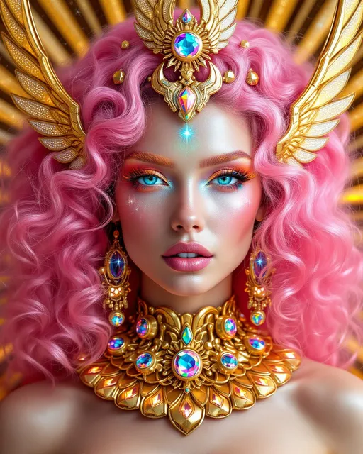 Prompt: A super hyperrealistic and stylized portrait of Merry in full RetroFuturist Psychedelic Cosmic Priestess mode—she is a radiant, slim Caucasian woman with wild, voluminous pink curls and striking blue eyes. Her hair explodes in gravity-defying retro waves, glowing softly at the tips like nebulae. She wears an ornate golden winged headdress, echoing Egyptian goddess iconography but reimagined with iridescent crystal inlays and rainbow circuitry etched into the gold. Her third eye sparkles like a faceted gem, beaming radiant rainbow light. From her eyes, twin laser-like rainbow beams shoot outward, refracting like prisms through galactic space.

Her makeup is maximalist: star-shaped eyeliner, shimmering teal and rose gold highlights, and glossy pink lips with a holographic sheen. She’s adorned in a shimmering, structured collar of golden scales and oversized cosmic jewels—each reflecting psychedelic starlight. Behind her, a hypnotic radial pattern in pinks and purples spirals outward, like a pop-art mandala pulled from a sacred retro dream. Clouds part to reveal galaxies and rainbow wormholes spiraling through a pastel sky.

The art style is hyperrealistic meets stylized pop surrealism, with ultra high-definition detail, a glossy analog retro finish, and hints of Lisa Frank, mid-century sci-fi, and new age digital mysticism. Medium: AI-enhanced photorealistic digital painting. Mood: cosmic, cheeky, divine, absurdly glorious. Lighting: divine radiance with sparkling optical flare and rainbow glints. Aesthetic keywords: vaporwave mysticism, sacred kitsch, glam ascension, pastel psychedelia.