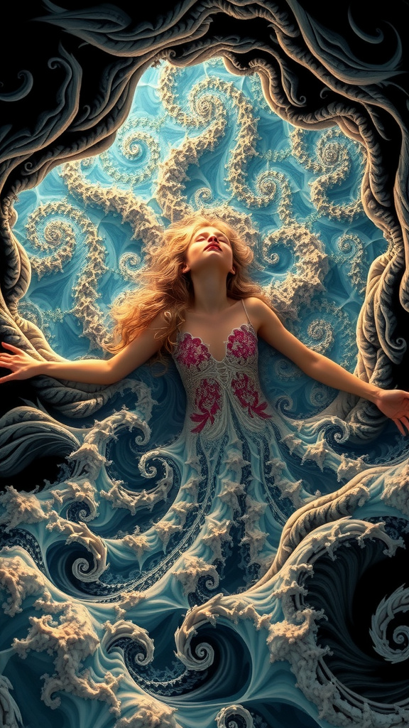 Prompt: A psychedelic ego death experience. A girl with long blond curly hair on psychedelics experiencing “ego death”, hallucinating herself in a fractal “storm”- angry fractals form clouds, wind and rain, whipping, beating the girl mercilessly until she blacks out and finds herself, drowning in an infinite swirling subterranean underground angry chaotic roiling ocean of pure fractals geometry.  melting into and becoming fractals- She melts, and becomes one with the ocean, becoming fractals herself and experiencing being one with everything in the universe, seeing it all from every point of view, before forming into human again over and over. Fractal geometry ocean, waves, currents, riptide, flowing, churning, underground cave, she is lying in bed the whole time 