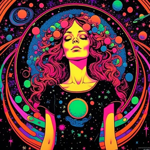 Prompt: <mymodel>Vintage 70s black light poster art illustration, girl hallucinating in space, psychedelic mushrooms, planets, moons, stars, fractals, vibrant colors, intense black light effects, detailed psychedelic girl, cosmic atmosphere, high quality, psychedelic, vintage, space, vibrant colors, fractal details, hallucination, girl illustration, retro art style, cosmic lighting