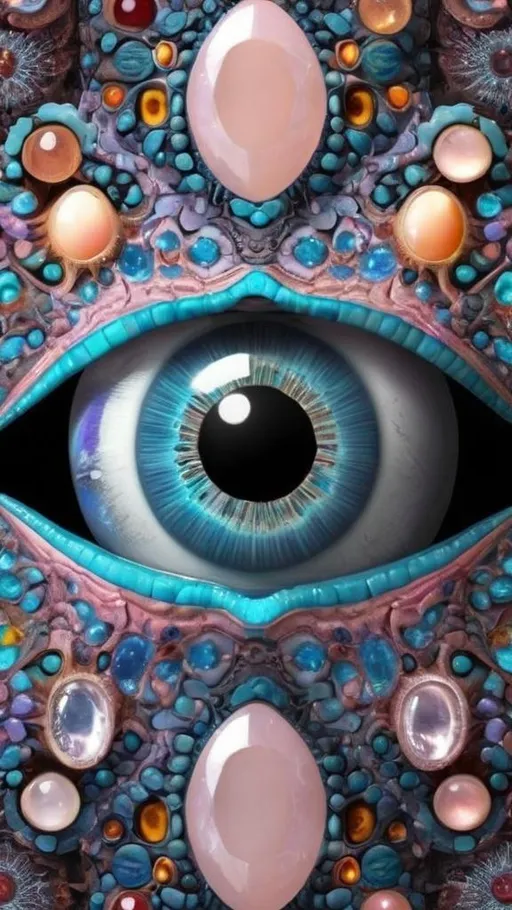 Prompt: Create an extremely hyper-realistic, ultra super textural, weird, trippy, surreal, psychedelic eyes/teeth/mouth pattern/design based on Mandelbrot & “Op Art tiling” with lots of human eyes (crazy colorful compound psychedelic), rows of human teeth, human lips, and tongues. 

- **Colors**: determined by the properties and expressions of the elements (& their isotopes), minerals, and metals: opal, moonstone, Kunzite, selenite, rose quartz, Platinum (Pt)

**Shapes and forms**
- Mandelbrot 
- "Op Art tiling" 
-other shapes determined by the natural properties and expressions of the elements (& their isotopes), minerals, metals, and biological organisms: opal, moonstone, Kunzite, selenite, rose quartz,  Platinum (Pt)


- **Textures**: Derived from any/all elements (& their isotopes), minerals, metals, crystals, organic things mentioned in this prompt: opal, moonstone, Kunzite, selenite, rose quartz, Platinum (Pt)

**Composition and Layout**:
- a pattern/design based on the Op Art tiling & Mandelbrot 

**Lighting**:
- lots of bright light
- Iridescence
- Aventurescence
- Chatoyancy
- Asterism

**Detail and Atmosphere**:
- Extreme hyperrealistic sharp high detail high definition organic and mineral textures
- Psychedelic, weird, odd, surreal atmosphere
- Frozen in time

**Additional Elements**:
- extra rows of teeth, lips, many eyes, Op Art tiling, Mandelbrot, Iridescence
