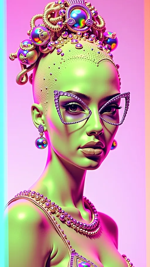 Prompt: **Space Hos - AI Art Prompt**

Create an artwork featuring the phrase "Space Hos" in a bold, sassy, girly futuristic tech font. The scene is populated by multiple striking green-skinned alien females, each exuding attitude and confidence. They are dressed in avant-garde high fashion with a futuristic edge, showcasing an array of intricate accessories that highlight their alien allure.

Each alien boasts a slightly conical-shaped bald head and large, almond-shaped black eyes, adding to their enigmatic charm. They pose with sass and poise, making a statement in the cosmic landscape.

Incorporate a vibrant UFO in the background, teeming with colorful lights that illuminate the scene. The setting is a bustling outer space landscape, complete with an alien planet, swirling asteroids, and cosmic phenomena. Alien glyphs are seamlessly integrated into the design, adding a mysterious layer.

The entire composition is busy and detailed, with every inch filled with tiny elements that captivate the viewer's attention. From the smallest star to the grandest asteroid, the scene is a masterpiece of cosmic chaos and extraterrestrial elegance.