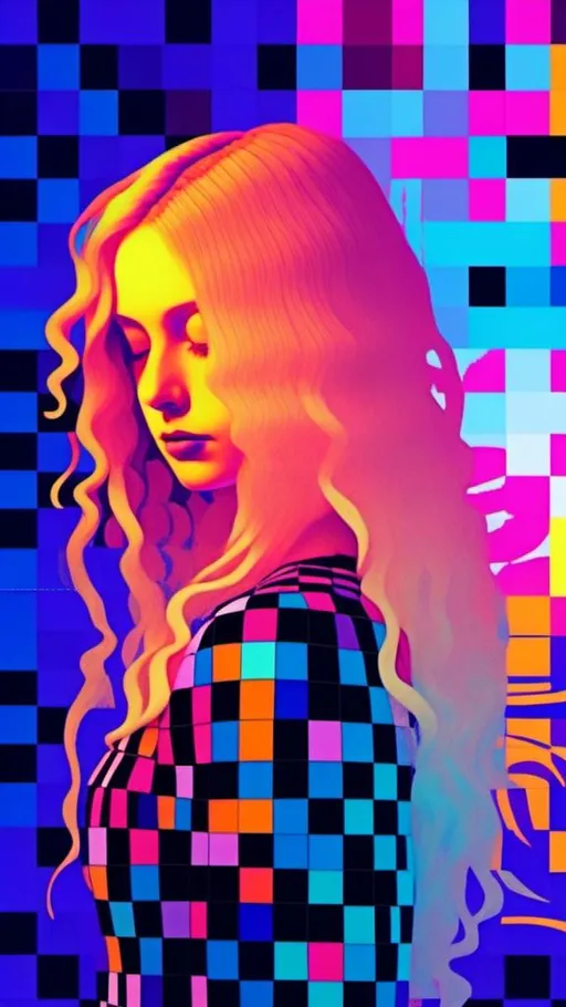 Prompt: <mymodel>Glitchy girl with long blond curly hair, glitched stretched pixels, psychedelic art style, highres, detailed hair, glitched effects, emotional expression, digital art, vibrant colors, surreal lighting