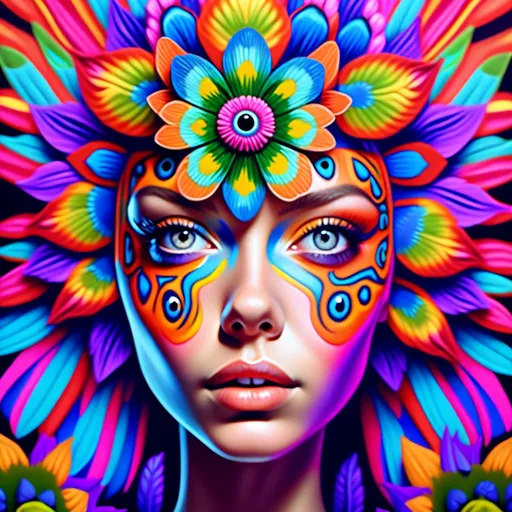 Prompt: Photorealistic digital painting of a woman with a psychedelic eye and a flower in her hair, detailed and realistic facial features, vibrant psychedelic color palette, intricate detailing, realistic skin texture, lifelike expression, high resolution, ultra-realistic, photorealistic, detailed psychedelic eye, vivid flower, realistic painting, digital art, detailed portrait, lifelike expression, psychedelic color palette, detailed and vibrant, intricate digital painting, highly detailed, professional lighting in a psychedelic poster art illustration style <mymodel>