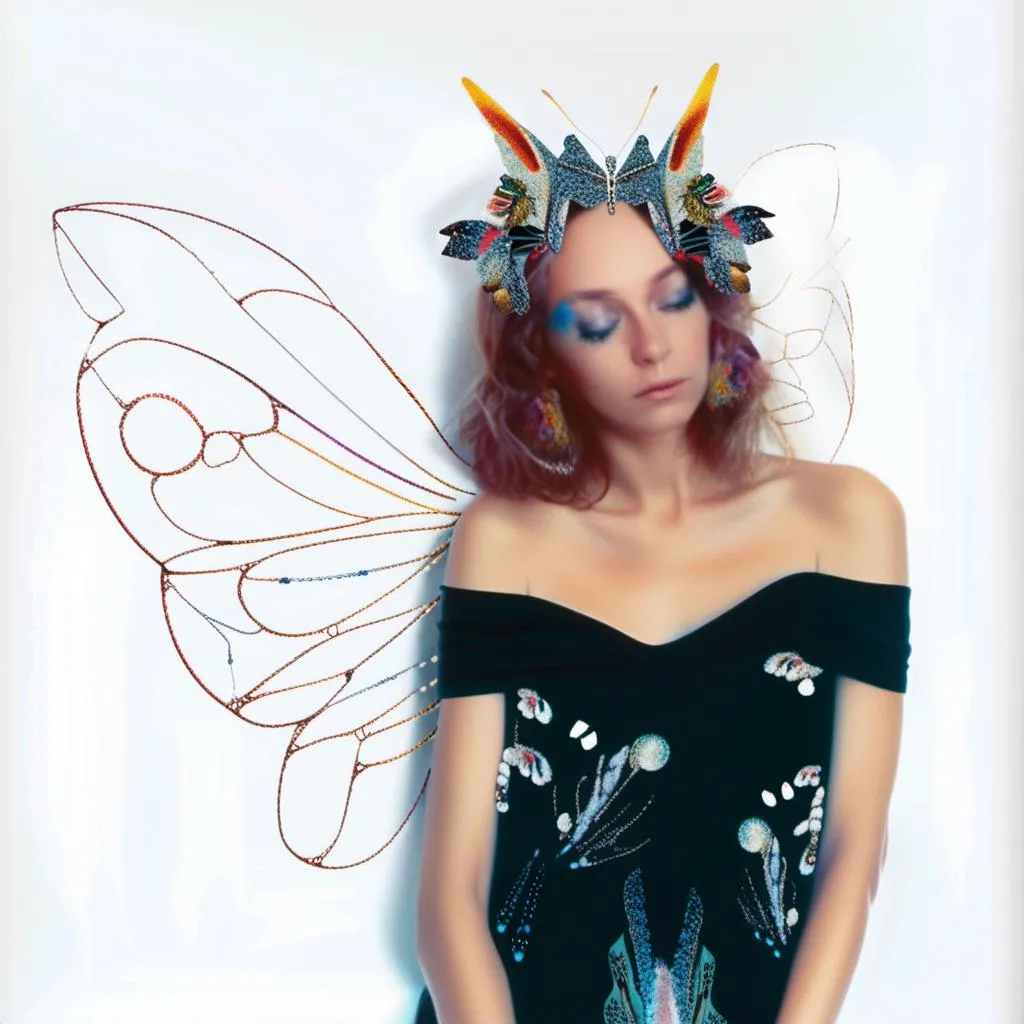 Prompt: a photograph of a woman (color or black and white) with multimedia elements added to create the appearance that she is a beautiful intricate moth, with moth wings and antennae created from paint, paper, photos, glitter, iridescent enamels, nail polish, rhinestones, thread and string, fabric, folded paper etc<mymodel>