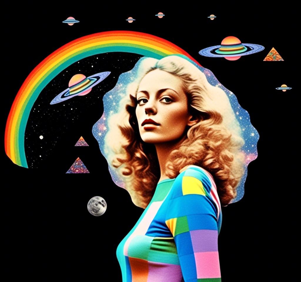 Prompt: A psychedelic collage featuring a photograph of a woman with blond curly long hair. The photo is cut and spliced with other photos and drawings of aliens, UFOs, rainbow spectrums are erupting from places, planets, stars, landscapes, and sparkles set amidst optical illusions of all kinds in geometric shapes giving an otherworldly surreal bizarre ufo alien effect to this psychedelic collage <mymodel>