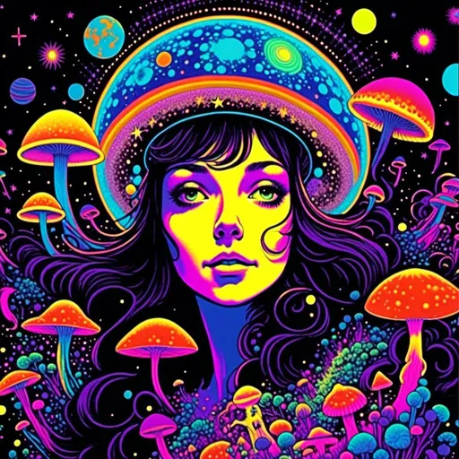 Prompt: <mymodel>Vintage 70s black light poster art illustration, girl hallucinating in space, psychedelic mushrooms, planets, moons, stars, fractals, vibrant colors, intense black light effects, detailed psychedelic girl, cosmic atmosphere, high quality, psychedelic, vintage, space, vibrant colors, fractal details, hallucination, girl illustration, retro art style, cosmic lighting