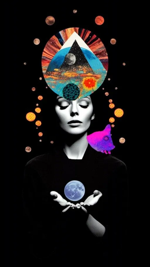 Prompt: <mymodel>Psychedelic collage of a woman, spliced and edited with psychedelic planets, cats, and UFOs, a psychedelic open third eye, incorporating paint, enamel, and found objects, black and white optical illusions, high quality, surreal, vibrant colors, trippy, psychedelic, detailed collage, cosmic theme, colorful lighting surreal collage