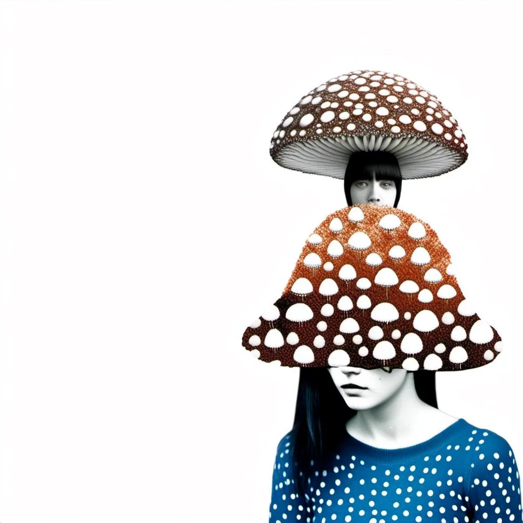 Prompt: a mixed media collage of a girl wearing or growing mushrooms/fungus as clothing body parts and accessories. She is a black and white or halftone photograph, the mushrooms and fungal growths are to be mixed media, including but not limited to paint, enamel, foils, glitter, sparkle, sequins, found objects, natural items, rhinestones etc <mymodel>